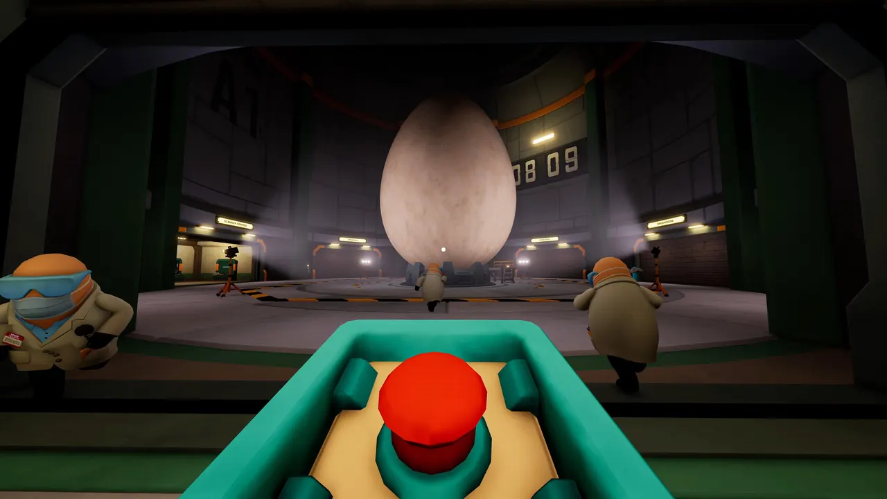 Four HATCH CORP workers facing the giant egg in CRACK