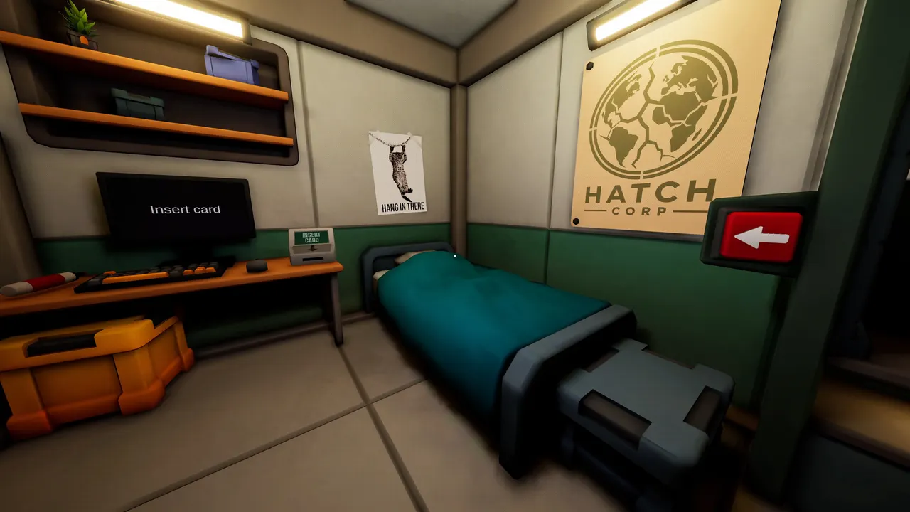 Employee quarters with bunk, desk and HATCH CORP poster