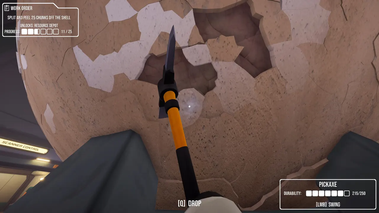 Close-up of the egg's cracked shell with a pickaxe and the work-order HUD