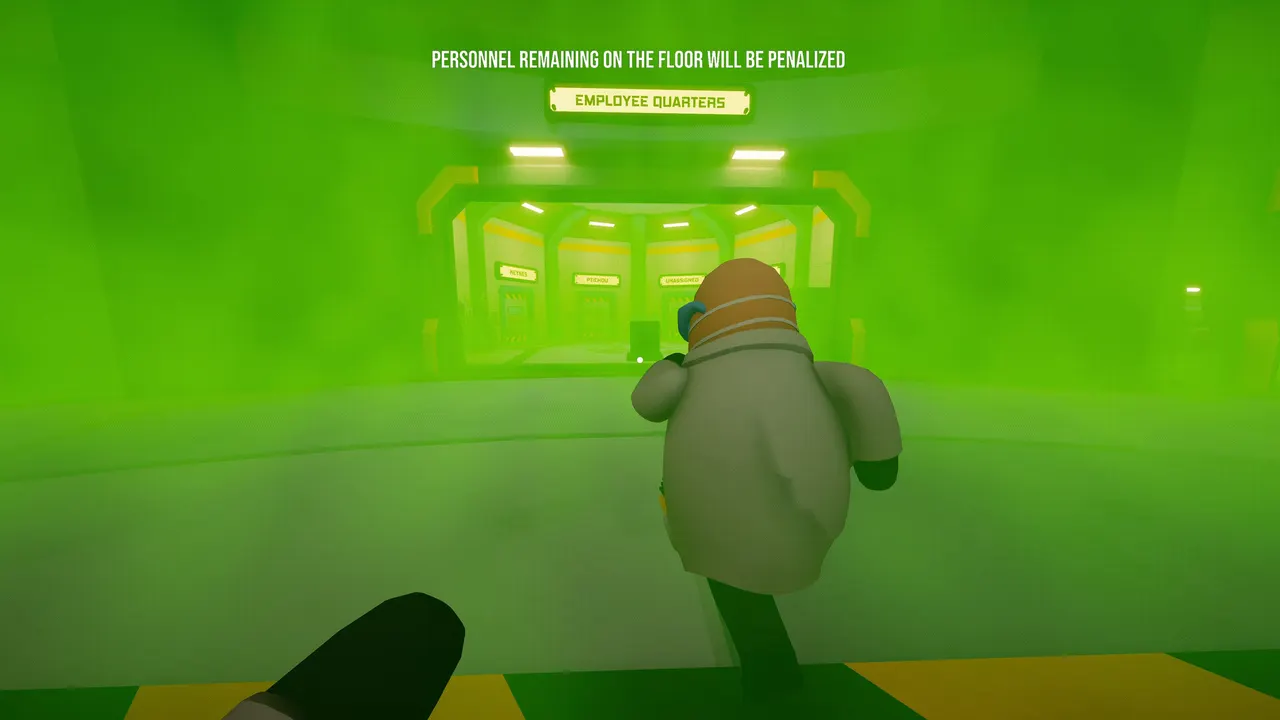Green sleep gas flooding the corridor toward Employee Quarters