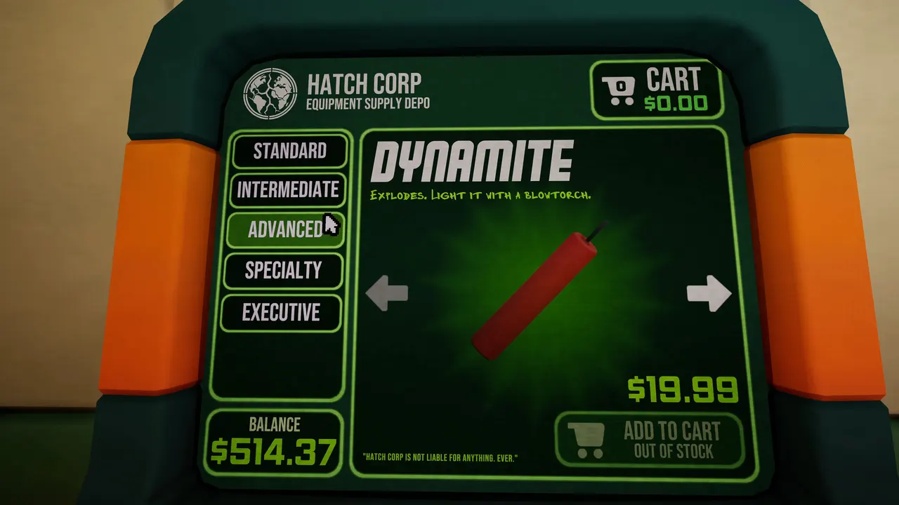 HATCH CORP Equipment Supply Depo terminal showing Dynamite for $19.99 in the Advanced tier